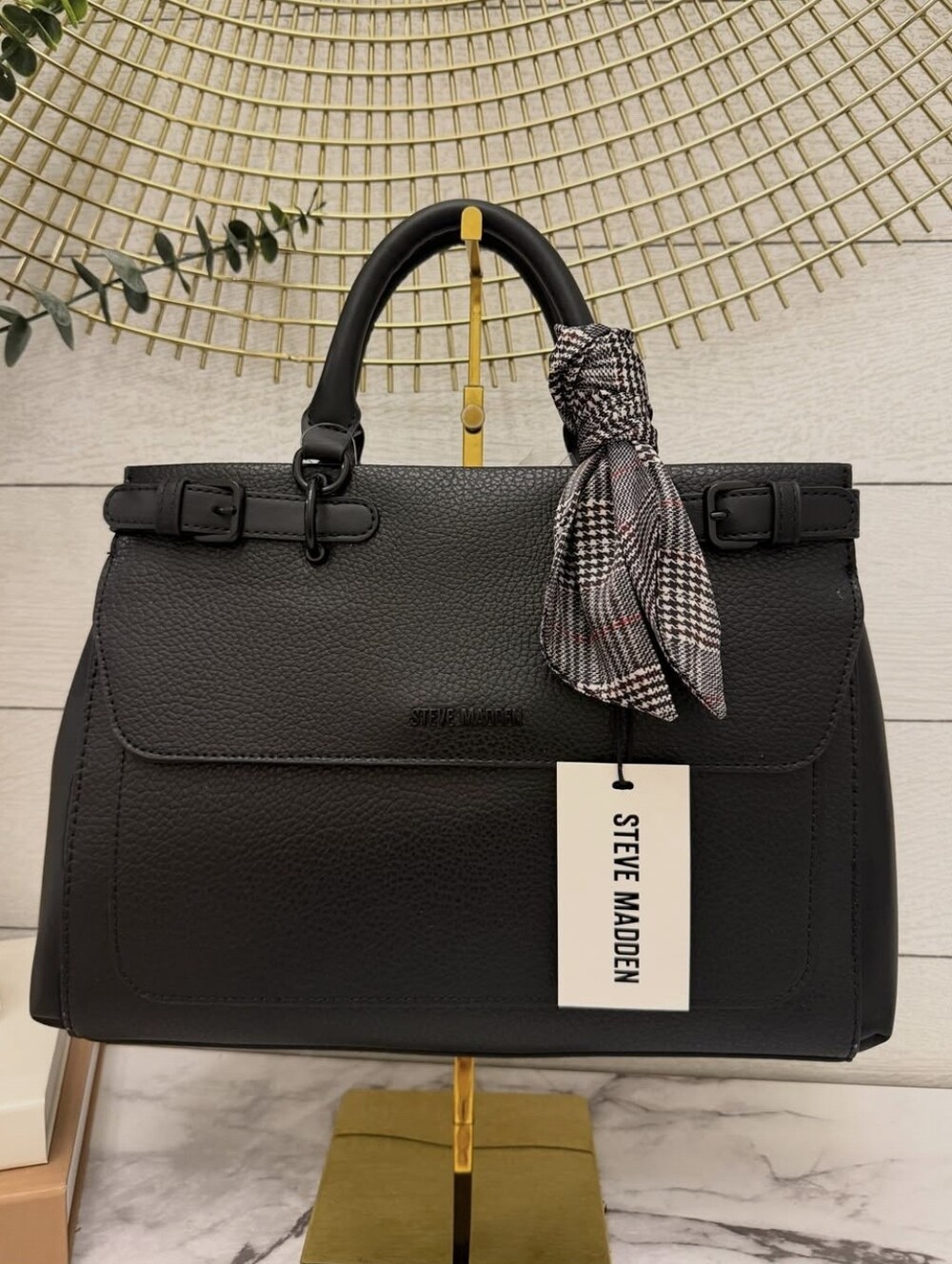 Steve Madden Black Satchel Handbag with Scarf Accent